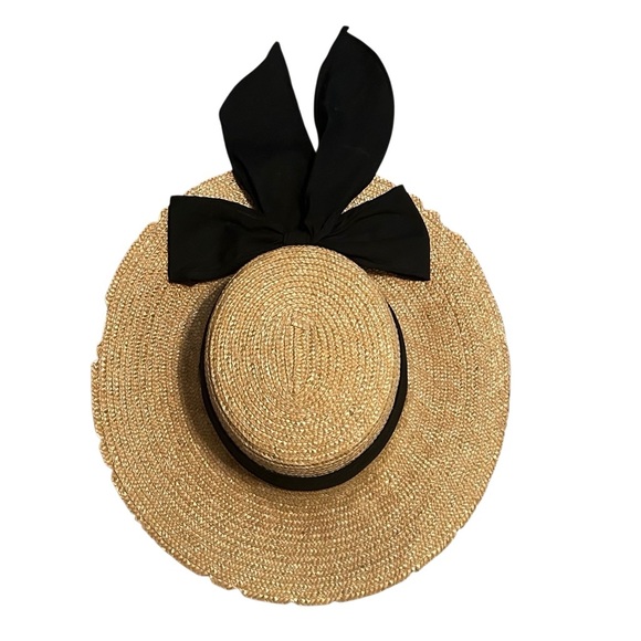 Scala Straw Hat Wide Brim Canotier Boater Black grosgrain Ribbon S Vintage - Picture 1 of 6